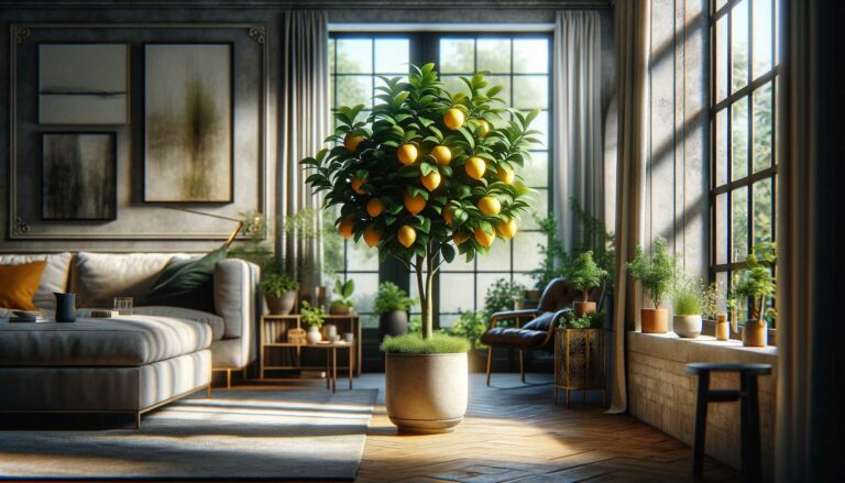 Lemon tree in a pot in a living room