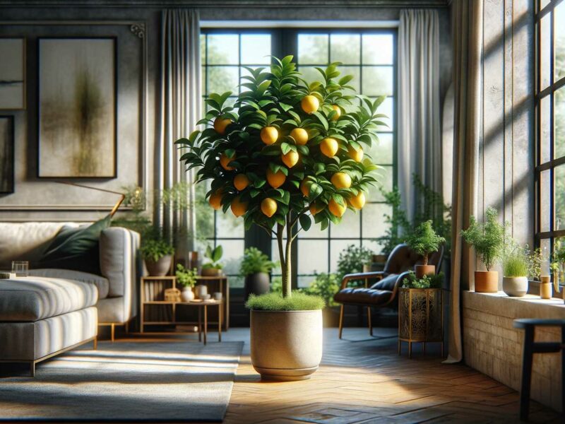 Lemon tree in a pot in a living room