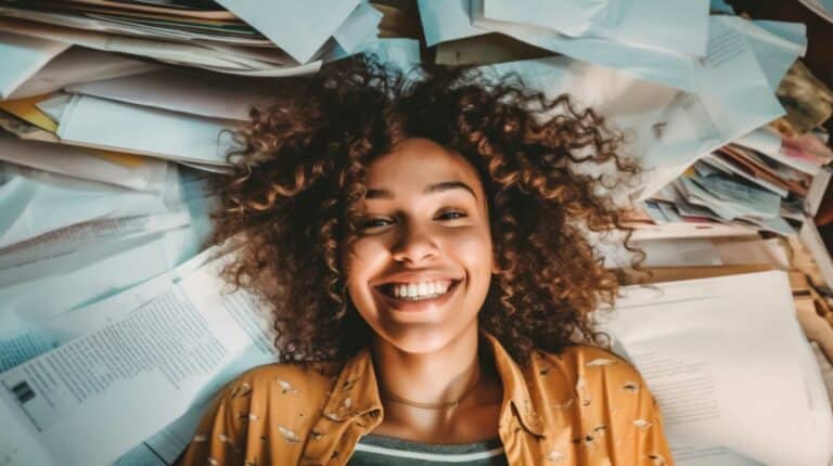Woman smiling in front of chaotic mess of papers