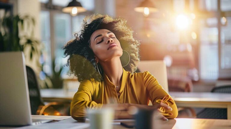 Woman sitting at her desk with her eyes closed and head titled back