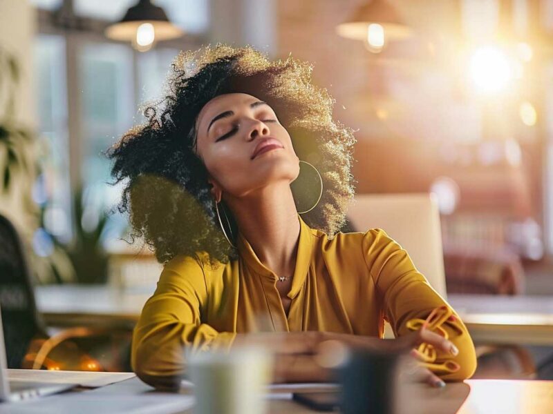 Woman sitting at her desk with her eyes closed and head titled back