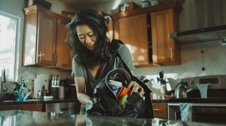 Woman reaching into her cluttered purse