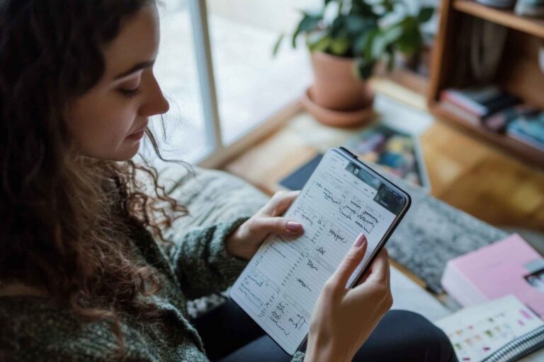 Woman using a planner to work on sustainable productivity