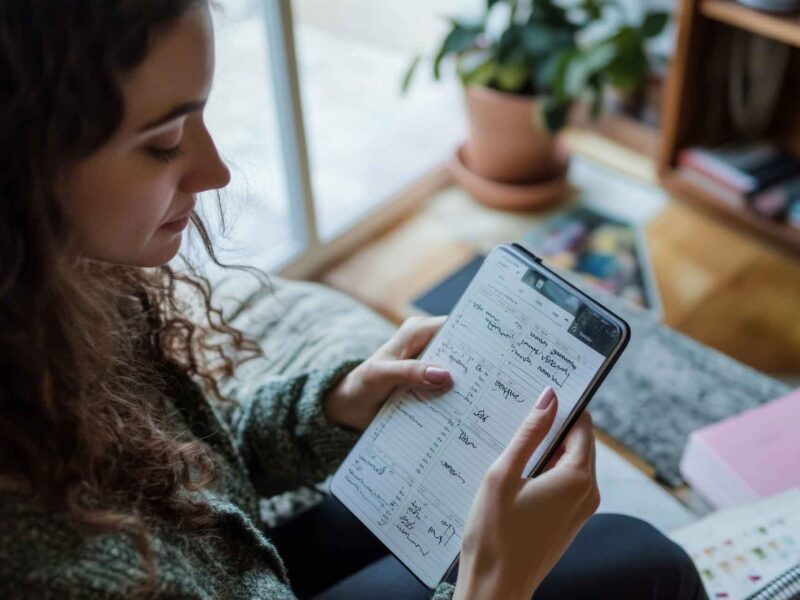 Woman using a planner to work on sustainable productivity