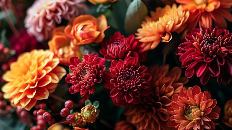 A whimsical bouquet of red, yellow, and orange flowers